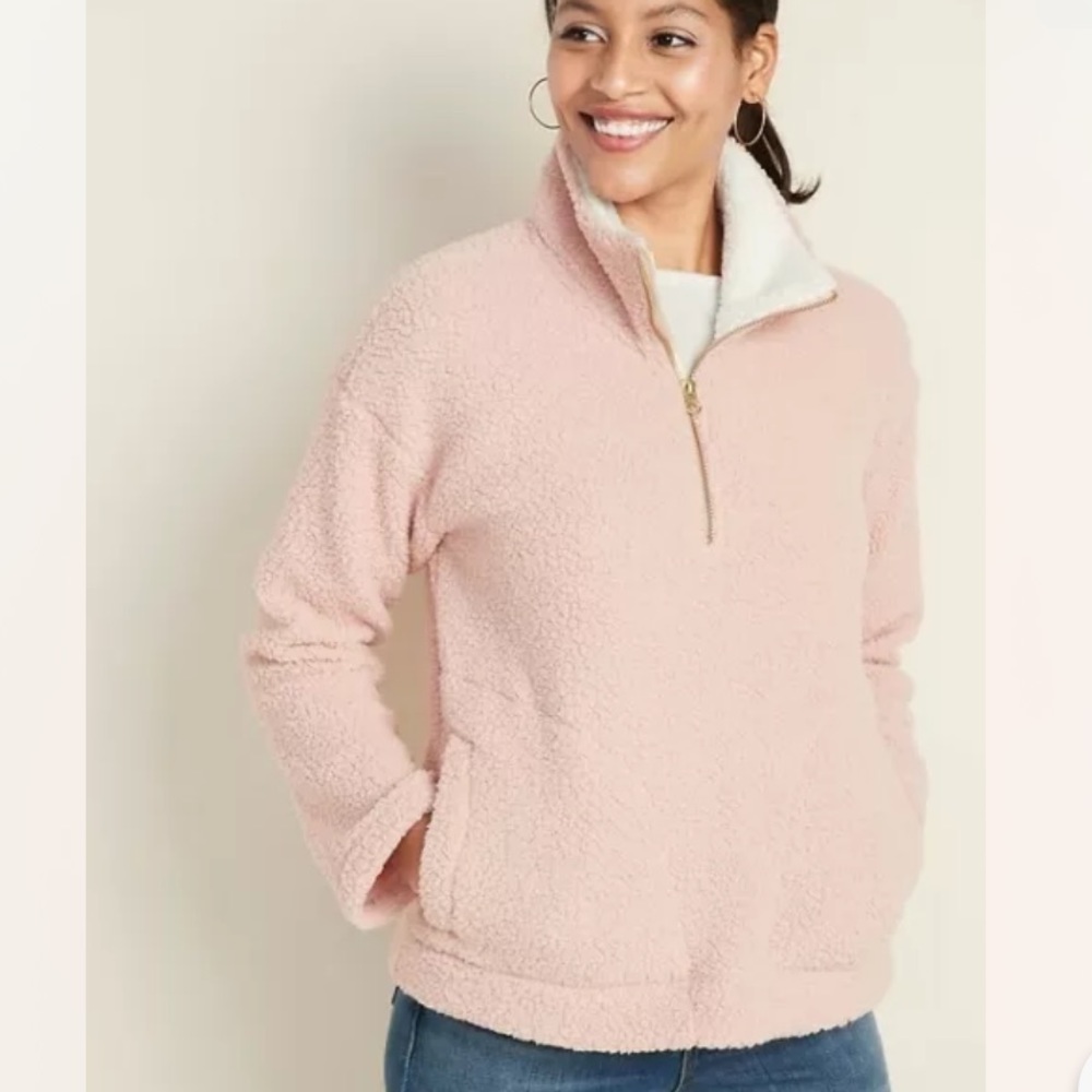 Old Navy Sherpa Sweater Size Medium Pink Fleece Pullover - Picture 3 of 13